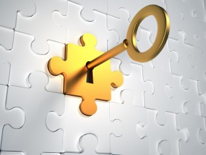 Golden key and puzzle pieces - 3d render illustration